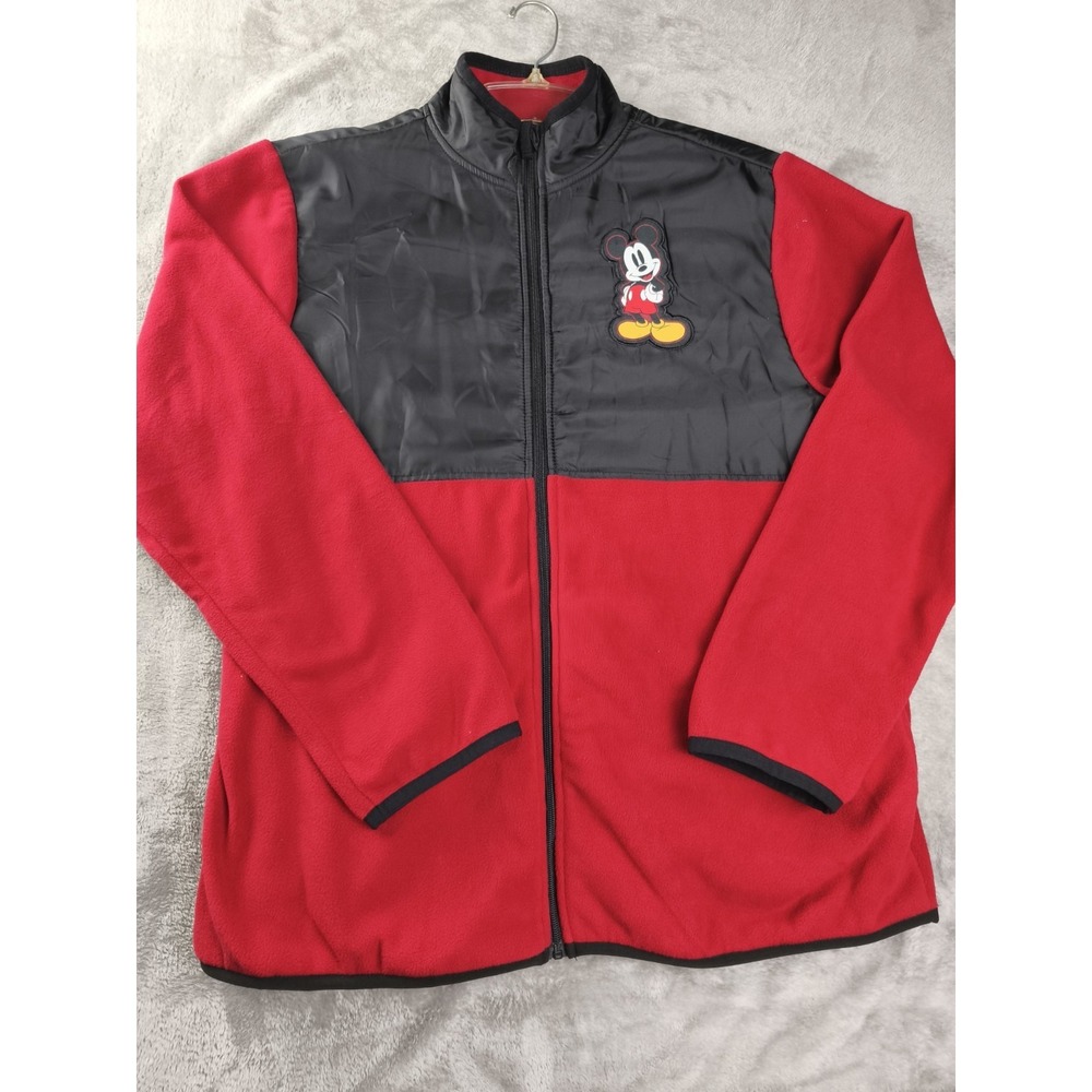 Disney Mickey Mouse Fleece Jacket Mens Large Red Black Full Zip Vintage Style